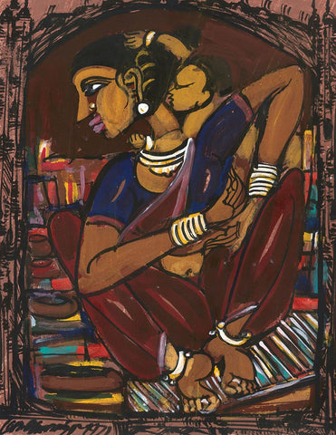 Mother and Child 19|M. Suriyamoorthy- Mixed media on paper, 2009, 14 x 11 inches