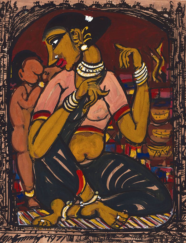 Mother and Child 20|M. Suriyamoorthy- Mixed media on paper, 2009, 14 x 11 inches