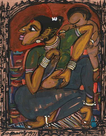 Mother and Child 21|M. Suriyamoorthy- Mixed media on paper, 2009, 14 x 11 inches